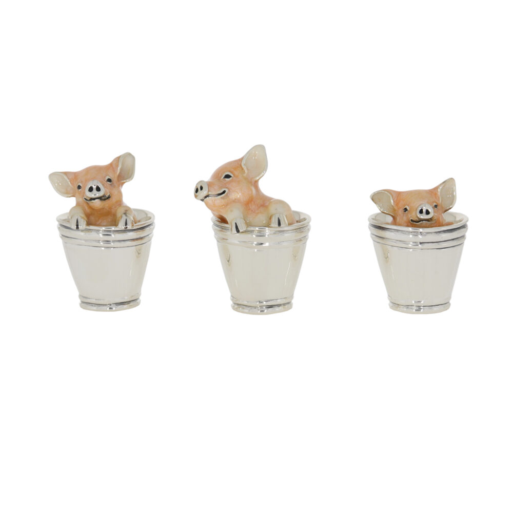 Saturno Sterling Silver and Enamel Pigs in Buckets Ornaments