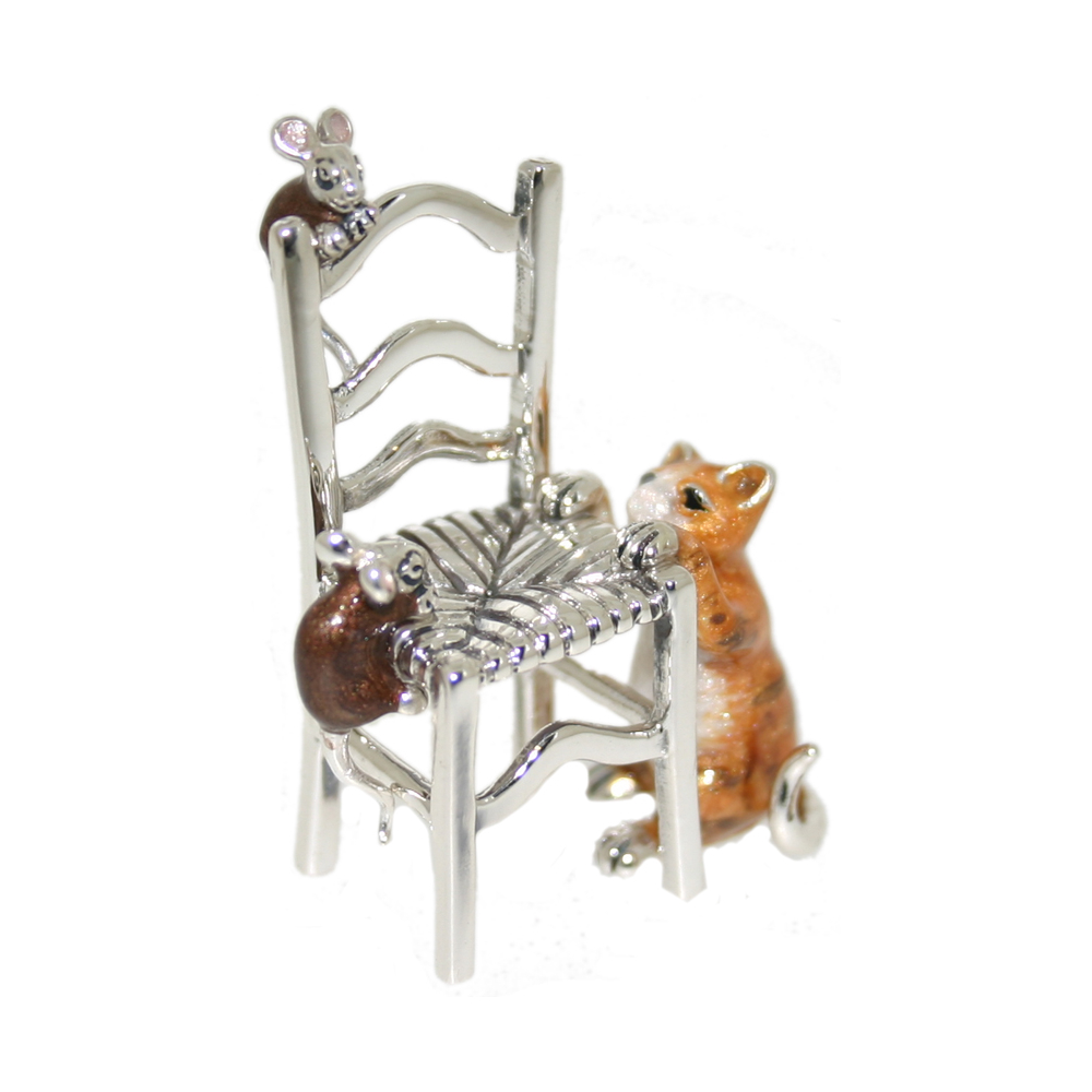 Saturno Sterling Silver and Enamel Cat, mice and chair Ornament