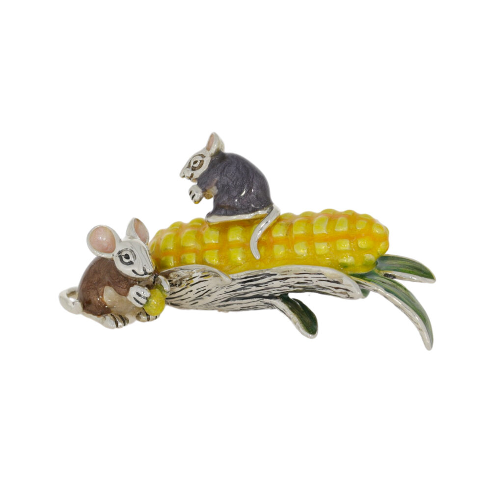 Saturno Sterling Silver and Enamel Mice on Corn Ornament