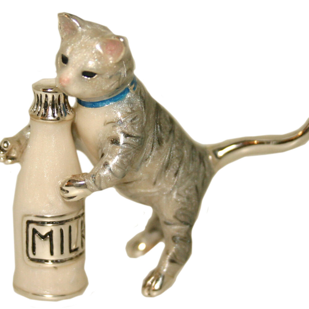 Saturno Sterling Silver and Enamel Cat that got the Cream Ornament