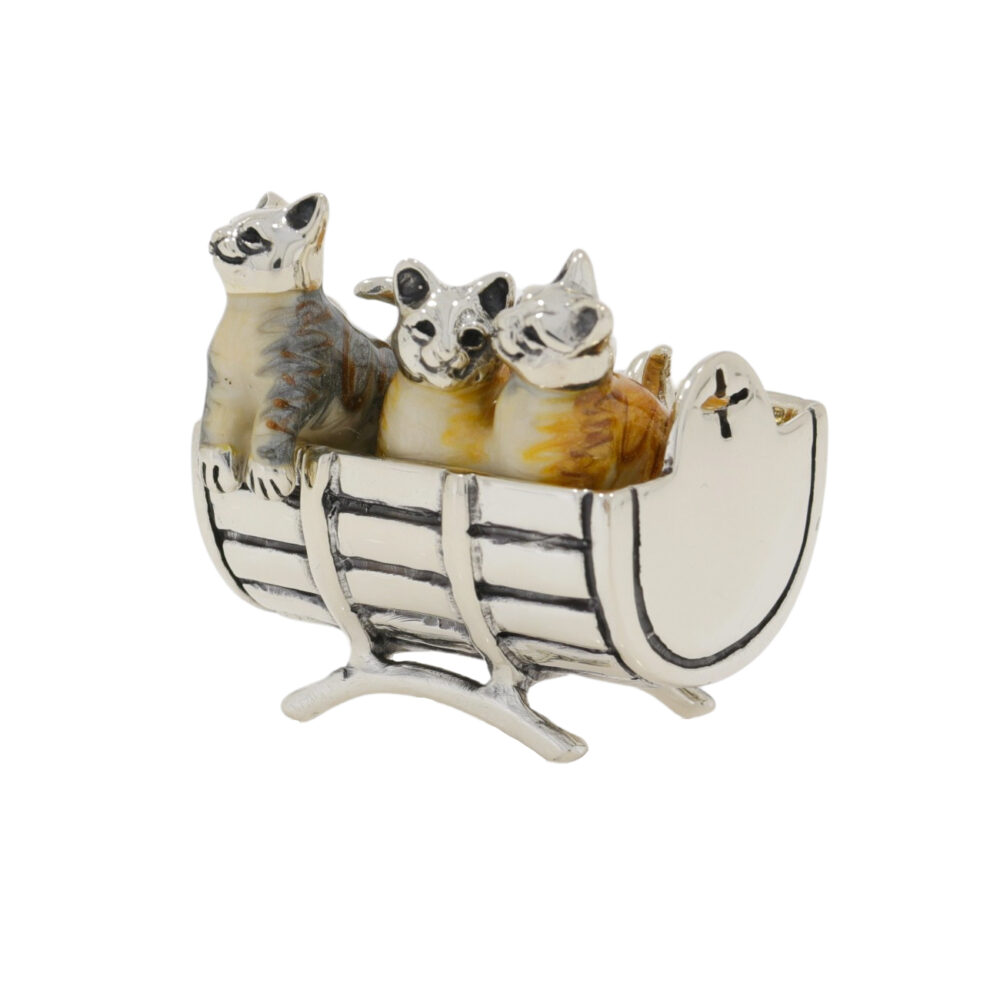 Saturno Sterling Silver and Enamel Cats in a barrel Ornaments