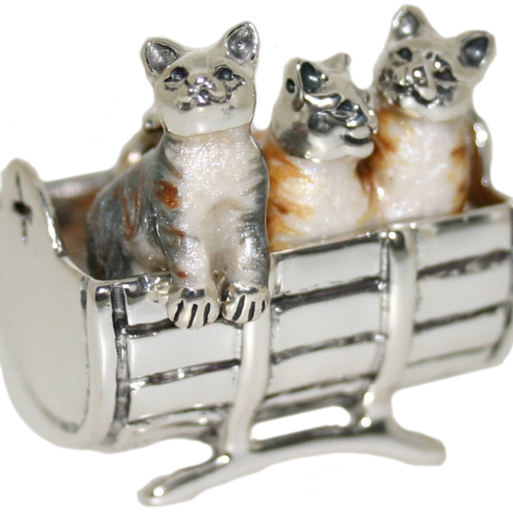 Saturno Sterling Silver and Enamel Cats in a barrel Ornaments