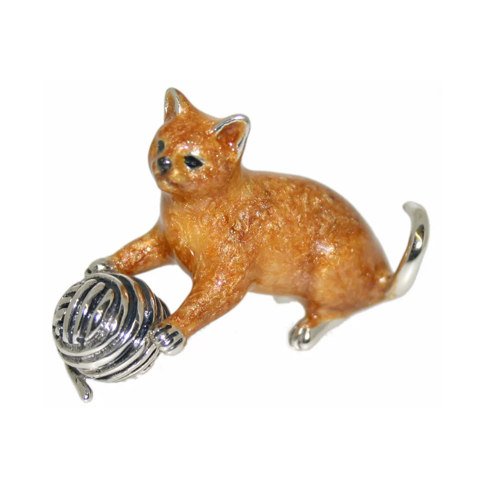 Saturno Sterling Silver and Enamel Cat playing with wool Ornament
