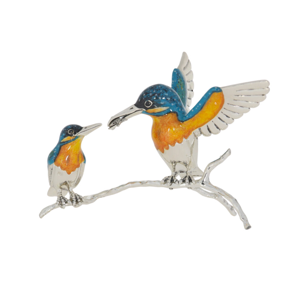 Saturno Sterling Silver and Enamel Kingfishers on a Branch Ornaments