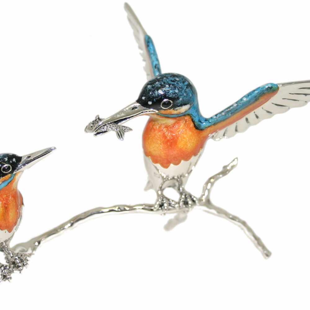 Saturno Sterling Silver and Enamel Kingfishers on a Branch Ornaments