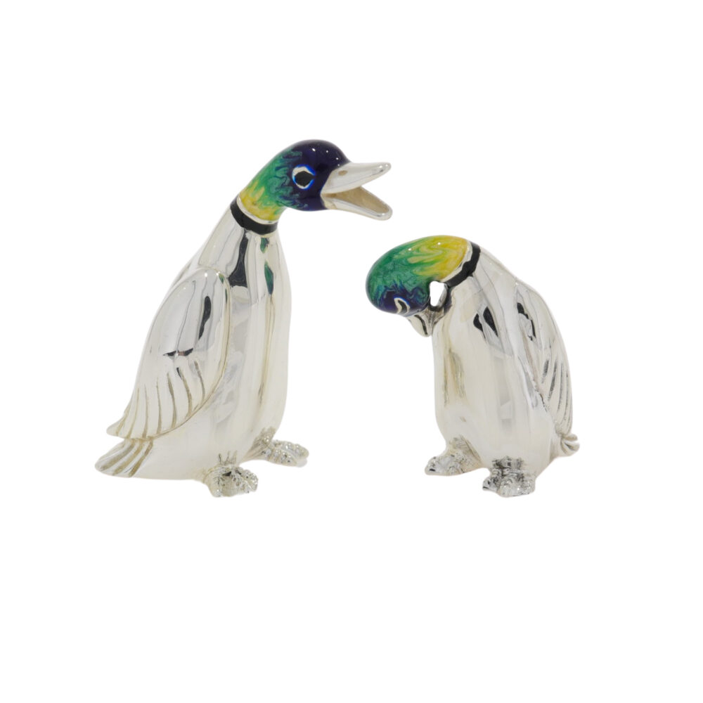 Saturno Sterling Silver and Enamel Ducks – Happy and Sad Ornaments