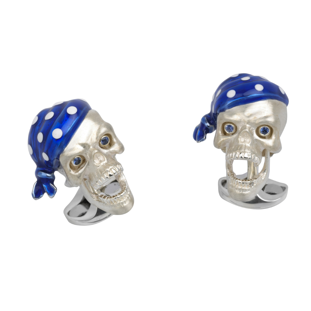 Silver and enamel Deakin & Francis Skull Opening jaw blue bandana Cufflinks