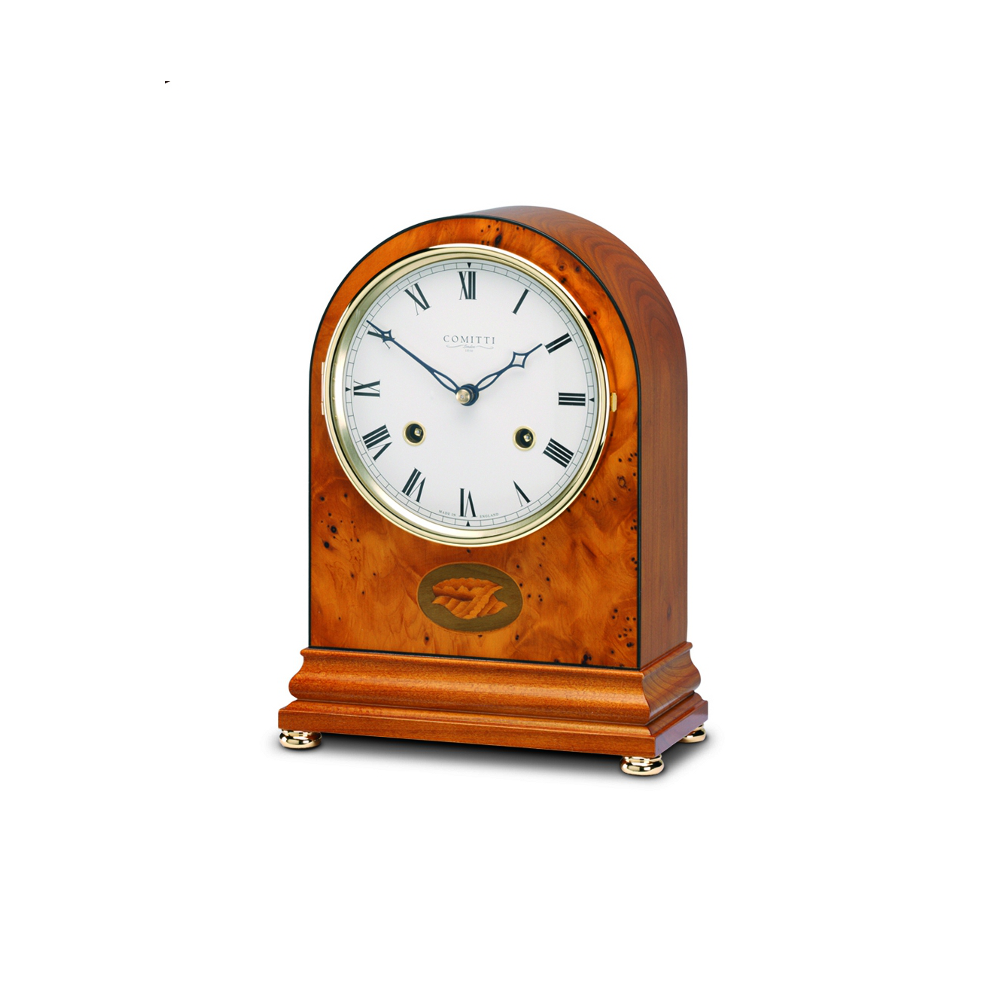 Burr Yew 8 day Comitti inlaid Arch top Bell Strike mantel clock C4402S
