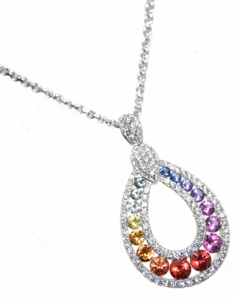 Multi-coloured Sapphire and diamond Pendant, 18ct white gold mount and ...