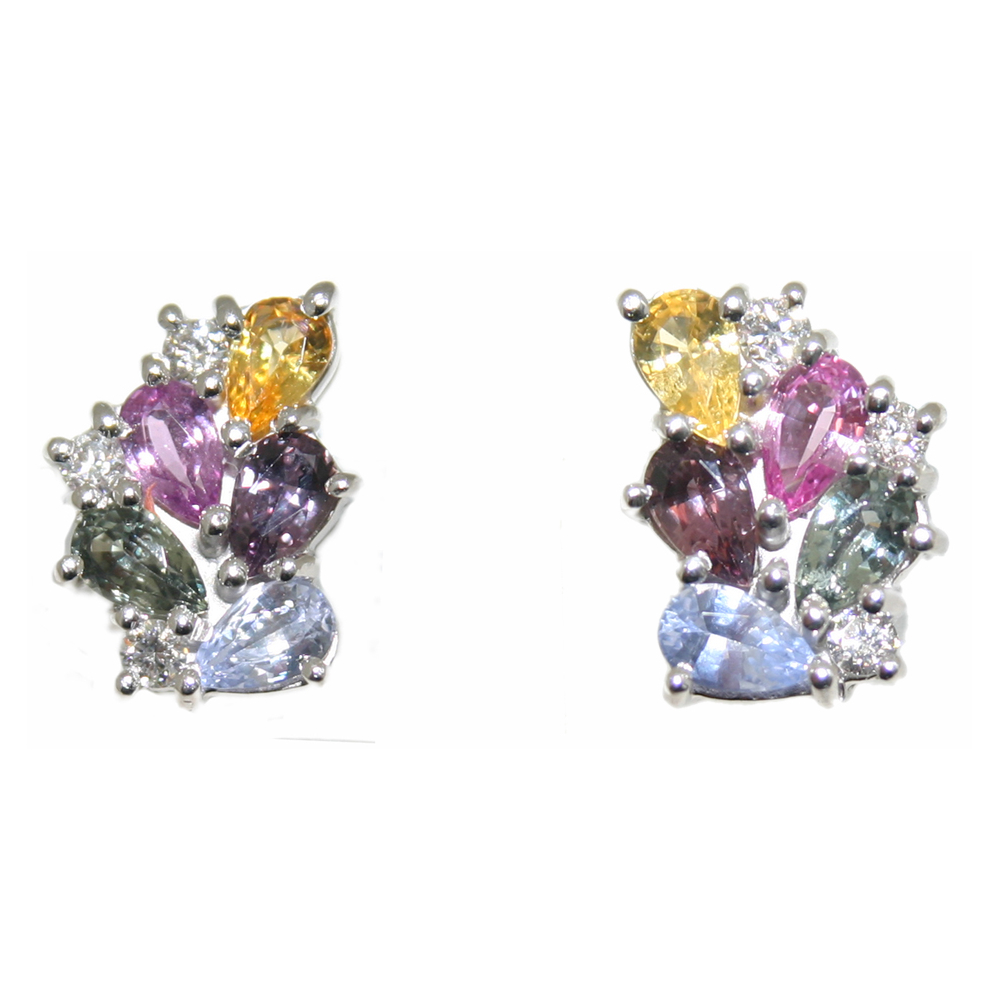 Multi Sapphire and Diamond cluster earrings 18ct white gold mounts