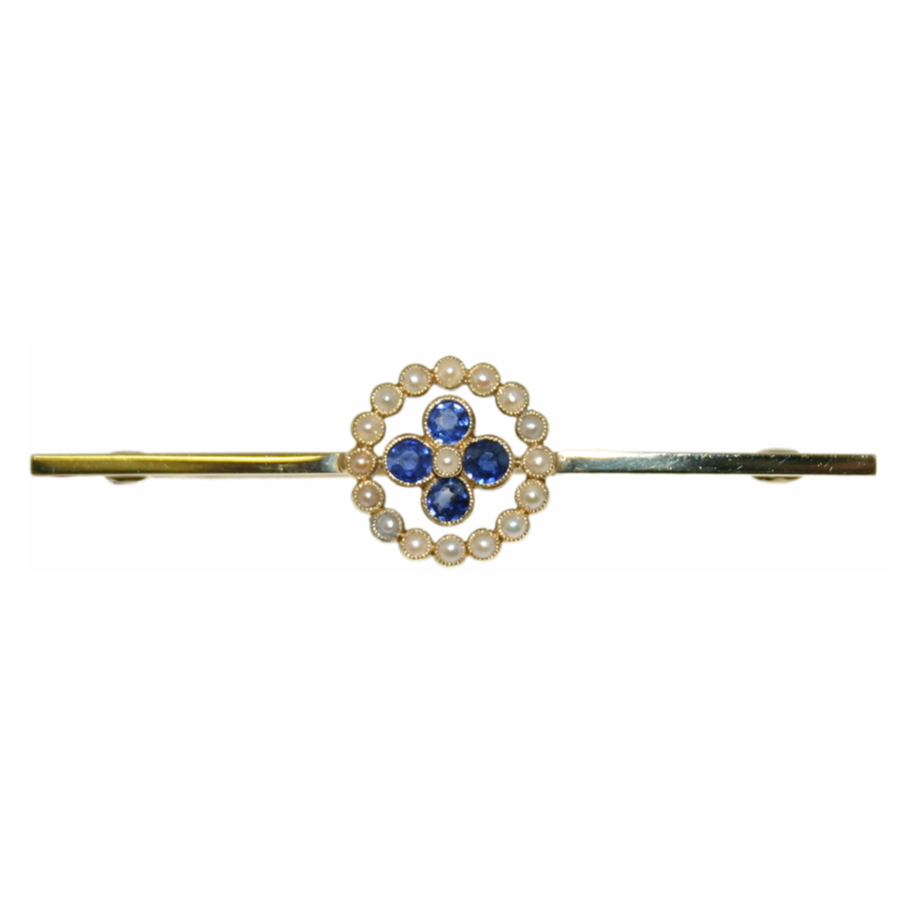 Sapphire and Seed Pearl cluster bar brooch 15ct gold mount