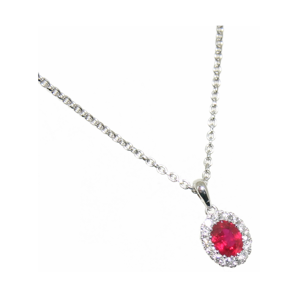 Ruby and diamond oval cluster pendant, 18ct white gold mount and necklet