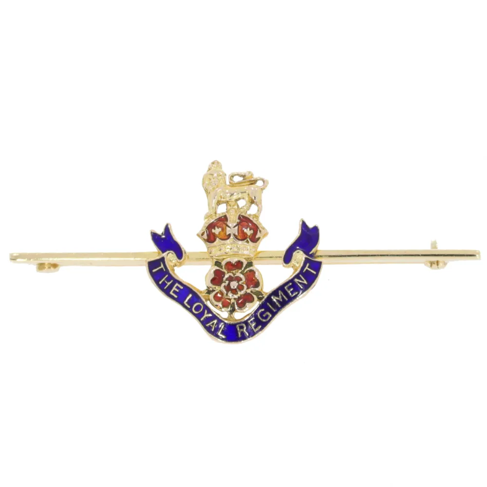 Loyal Regiment Regimental bar brooch 9ct gold and enamel
