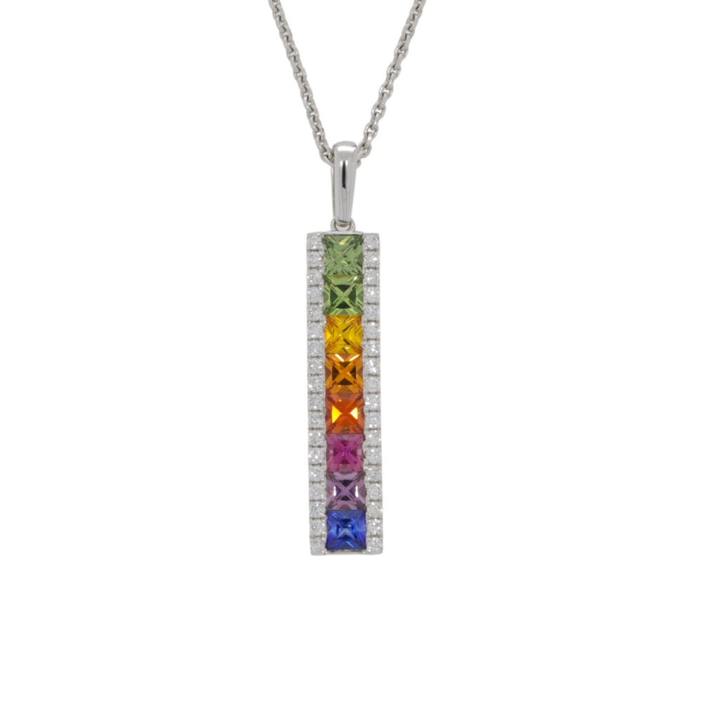 Multi-coloured Sapphire and diamond oblong pendant, 18ct white gold mount