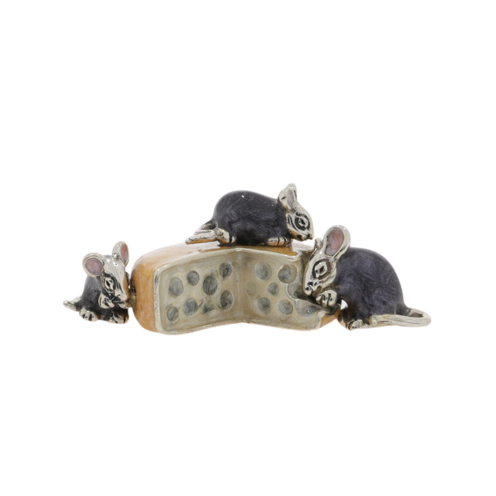 Saturno Sterling Silver and Enamel Mice nibbling cheese Ornament