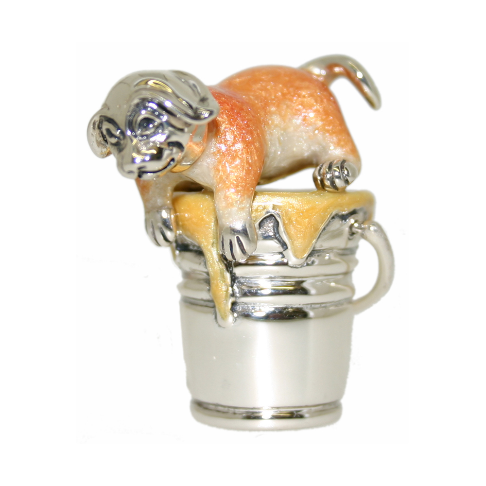 Saturno Sterling Silver and Enamel Puppy in Bucket Ornament