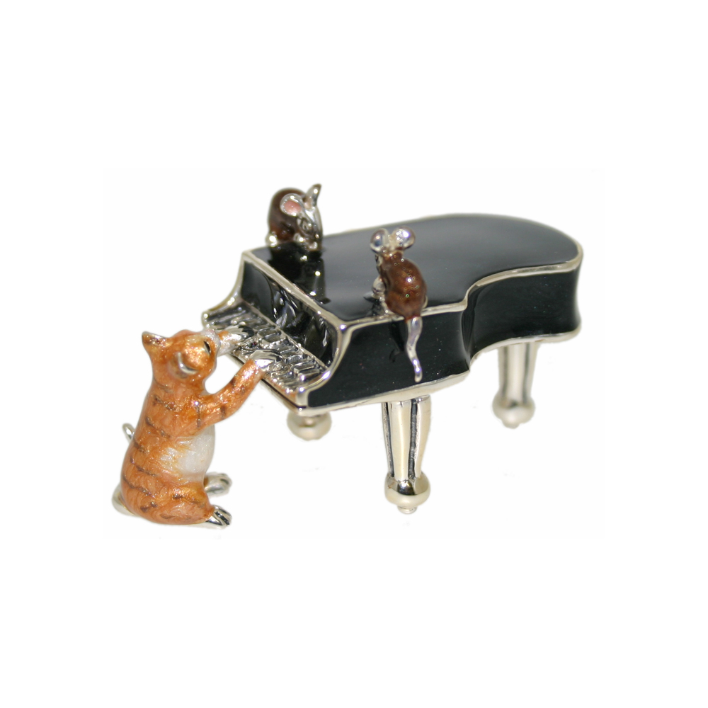 Saturno Sterling silver and enamel Cat and Mice playing Grand Piano Ornament