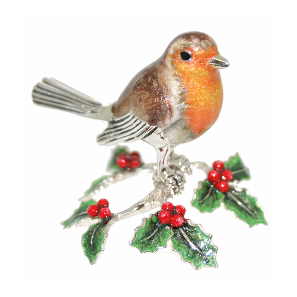 Saturno Sterling Silver and Enamel Robin on Holly Branch Ornament