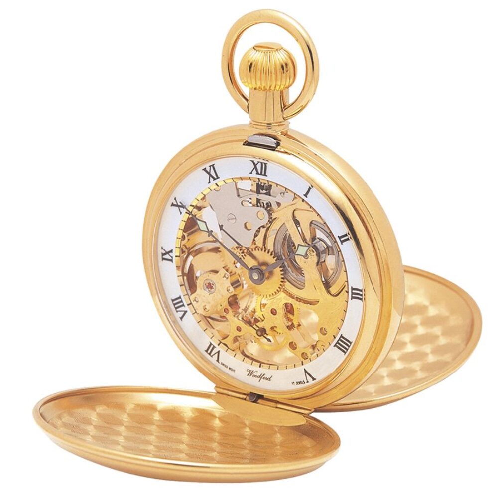Gold Plated Skeleton Double Hunter Swiss Jewel Lever Woodford Pocket Watch
