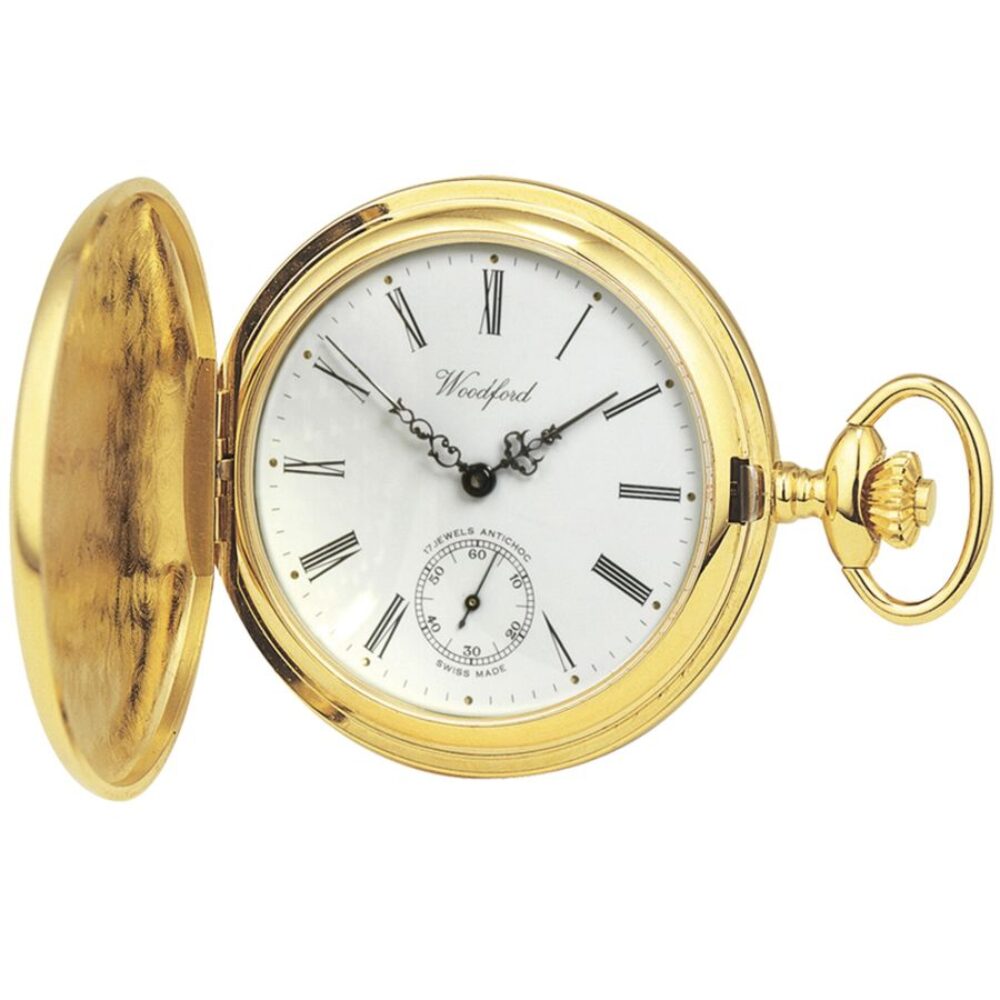 Gold Plated Full Hunter Swiss Jewel Lever Woodford Pocket Watch