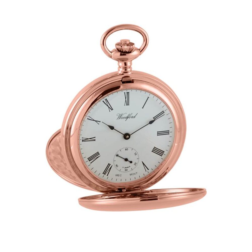 Rose Gold Plated Double Hunter Jewel Lever Woodford Pocket Watch