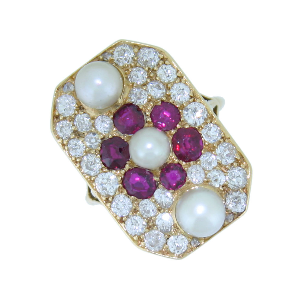 Ruby and Diamond Vintage Cluster Plaque Ring, 18ct Gold Mount