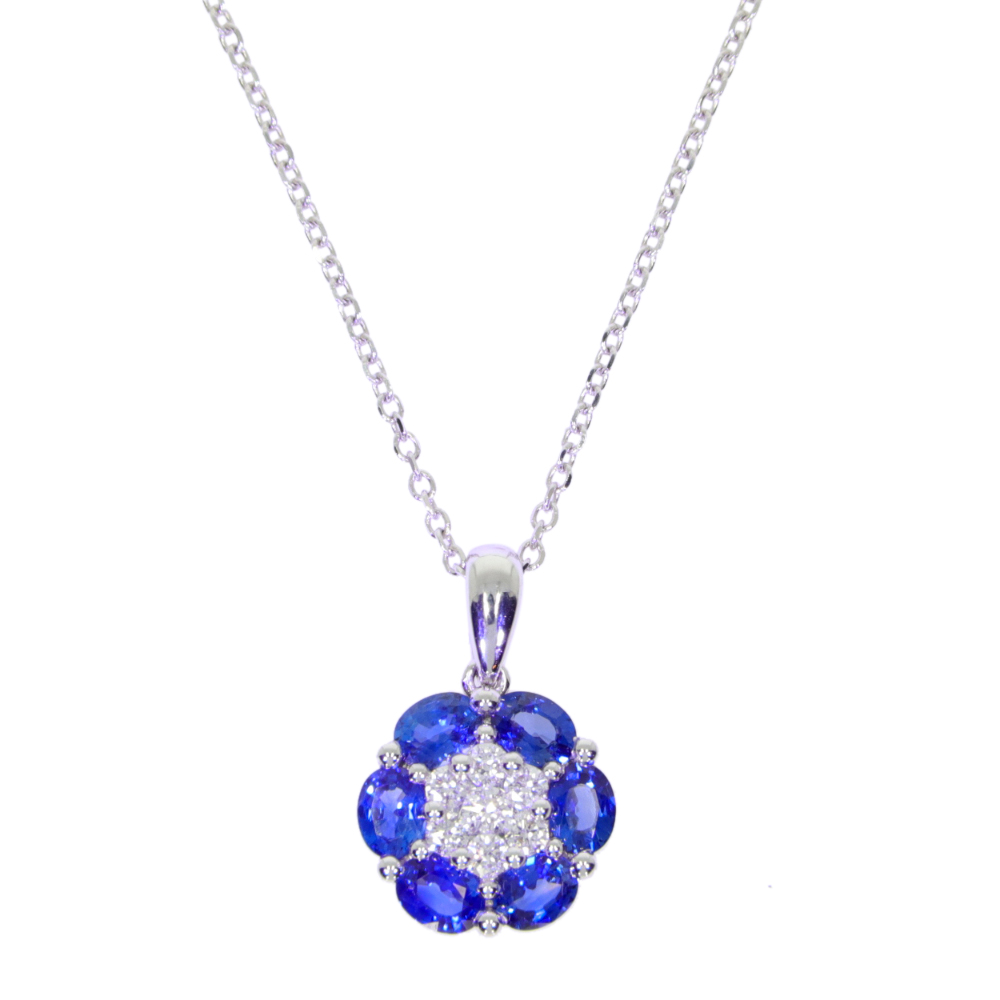 Sapphire and Diamond Cluster Pendant, 18ct White Gold Mount and Necklet