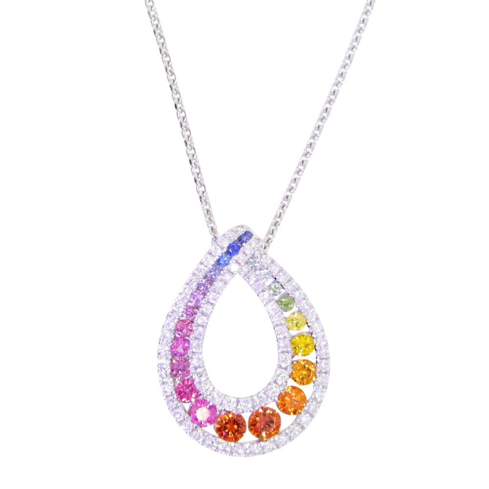 Multi-coloured Sapphire and diamond Pendant, 18ct white gold mount and necklet