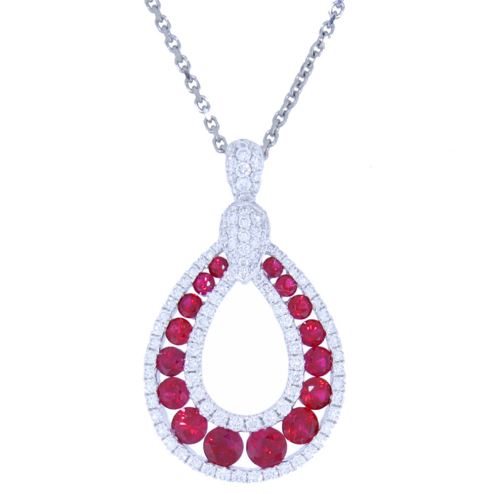 Ruby and Diamond 3 Row Pear shaped Pendant, 18ct white gold Mount and Necklet