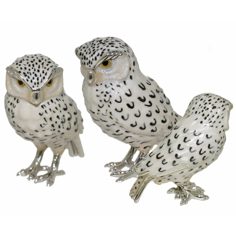 Saturno Sterling Silver and Enamel Owls – Snowy Owl Ornaments