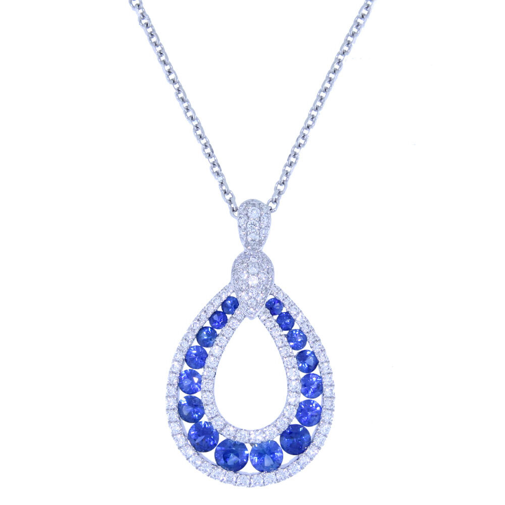 Sapphire and Diamond 3 Row Pear shaped Pendant, 18ct white gold Mount and Necklet