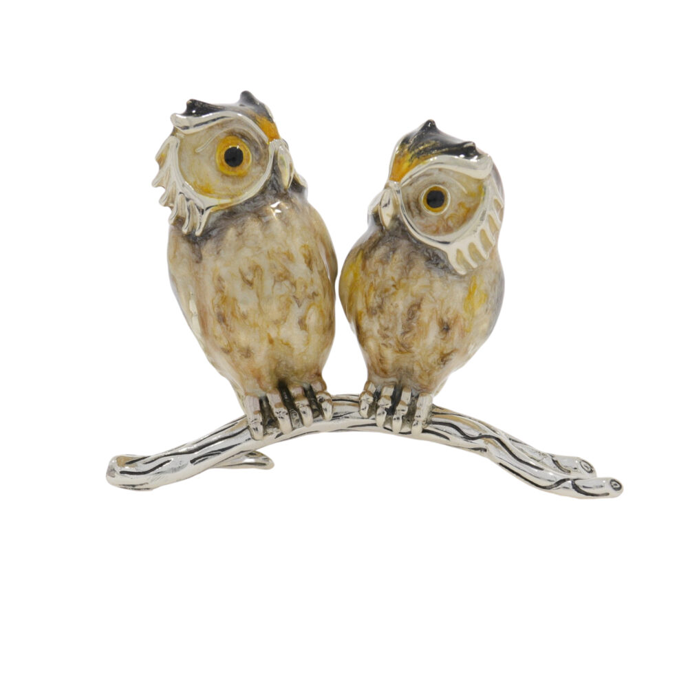 Saturno Sterling Silver and Enamel Owls on a Branch Ornament