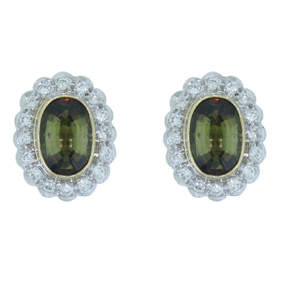 Andalusite and Diamond oval Cluster earrings 18ct gold mounts