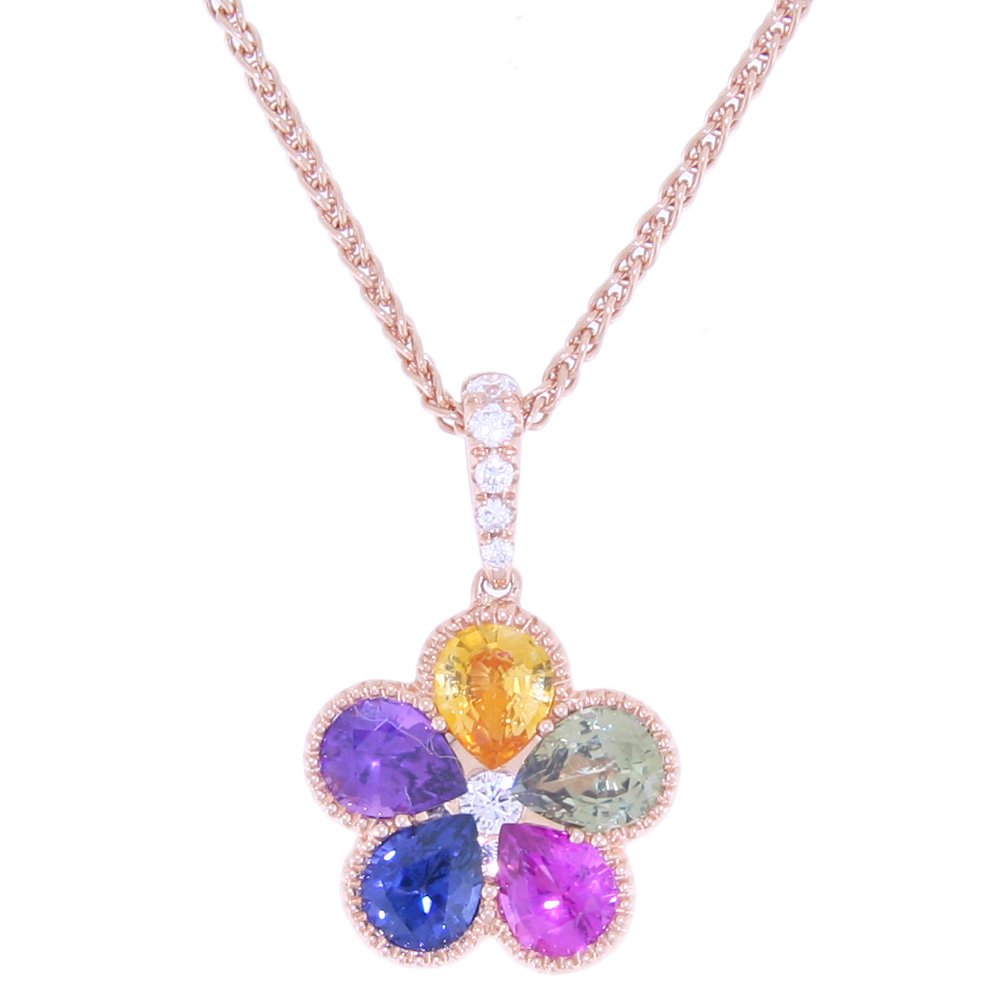 Multi coloured Sapphire and Diamond Flower pendant, 18ct Rose gold mount and necklet