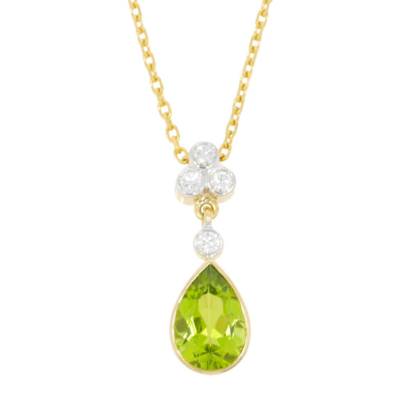 Peridot Pendeloque cut and diamond drop pendant, 18ct yellow gold mount and necklet