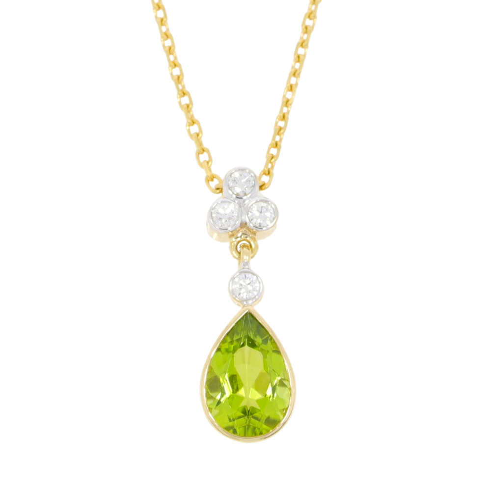 Peridot Pendeloque cut and diamond drop pendant, 18ct yellow gold mount and necklet