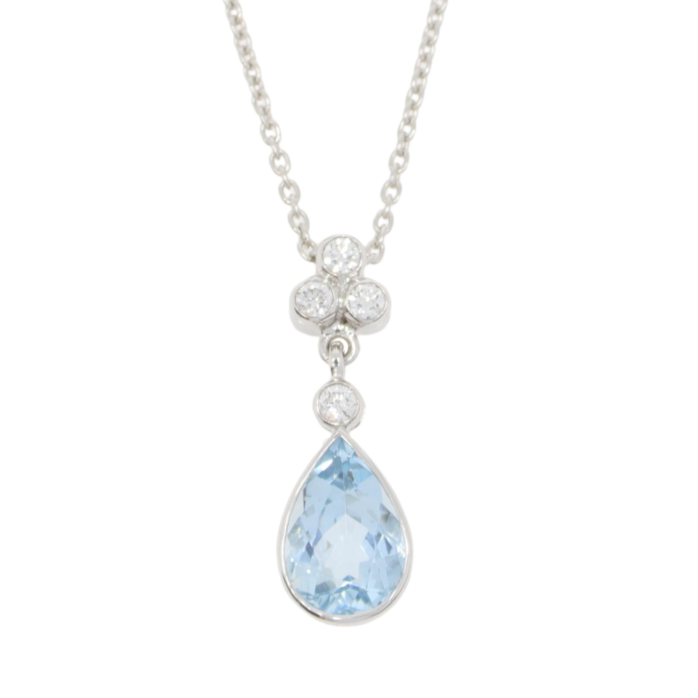 Aquamarine Pendeloque cut and diamond drop pendant, 18ct white gold mount and necklet