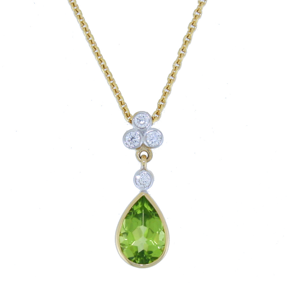 Peridot Pendeloque cut and diamond drop pendant, 18ct yellow gold mount and necklet