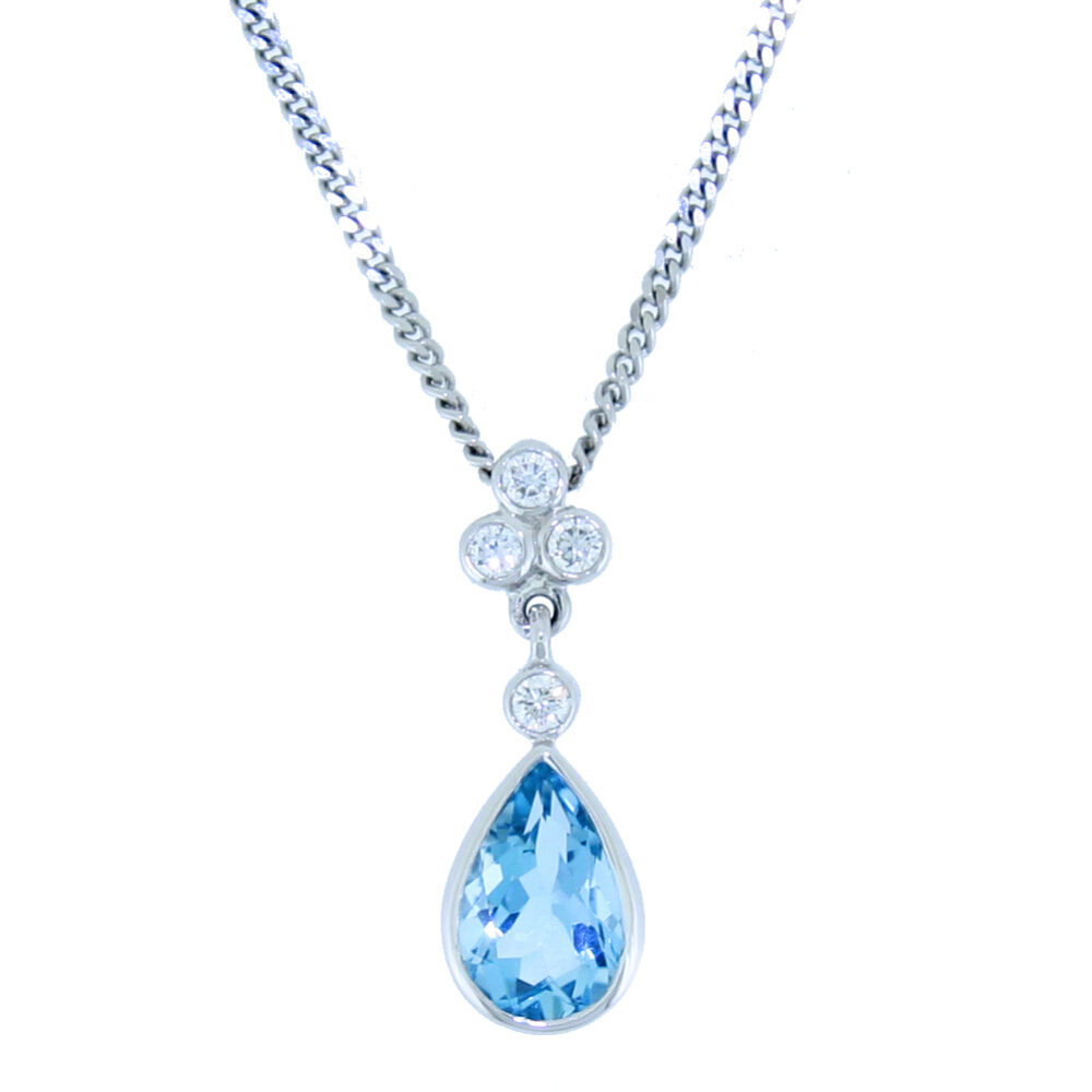 Aquamarine Pendeloque cut and diamond drop pendant, 18ct white gold mount and necklet
