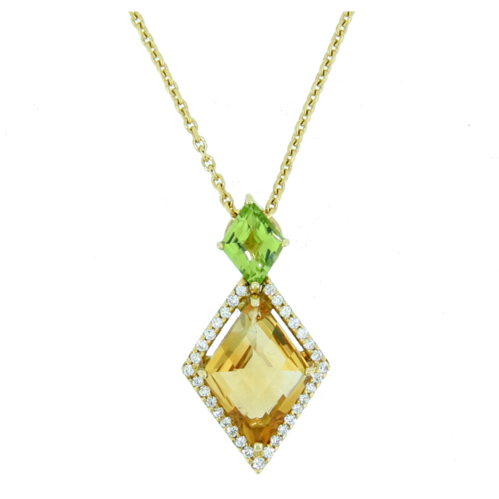 Citrine, peridot and diamond kite shaped cluster pendant, 18ct yellow gold mount