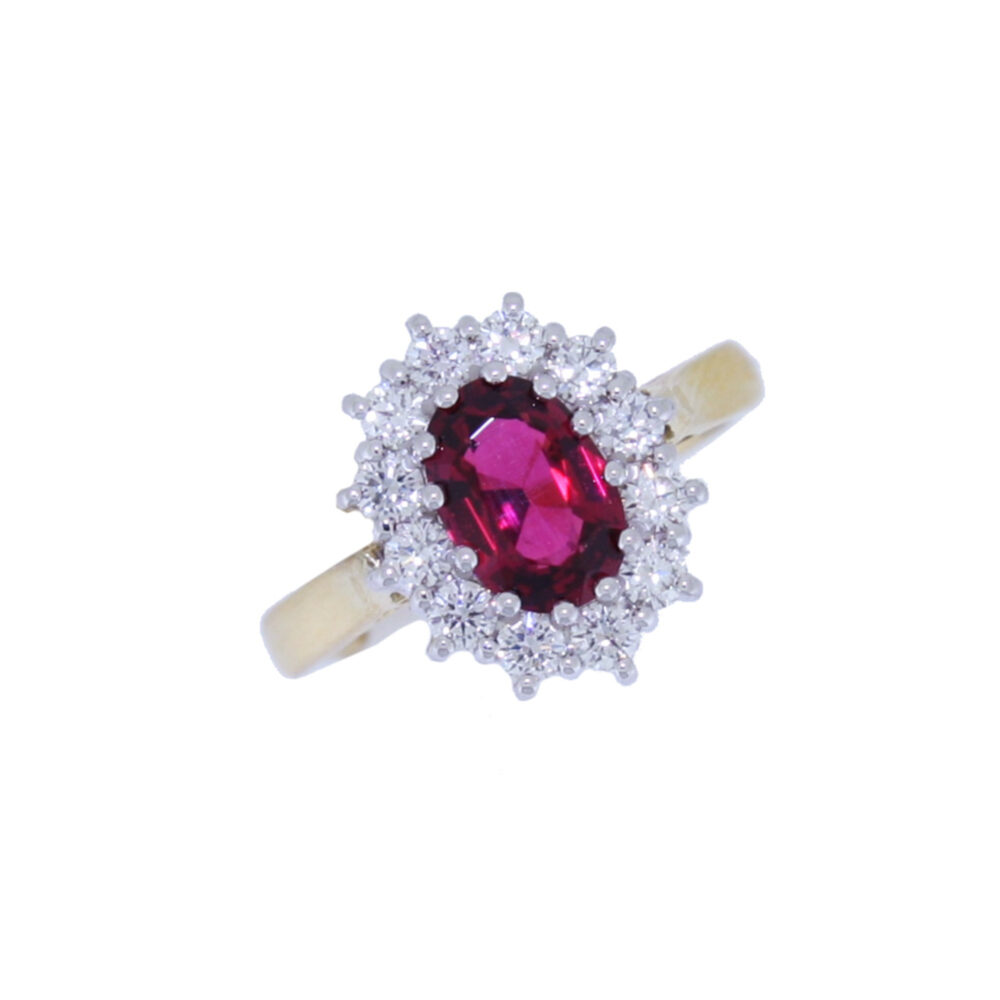 Red Spinel and diamond cluster ring, 18ct yellow gold mount