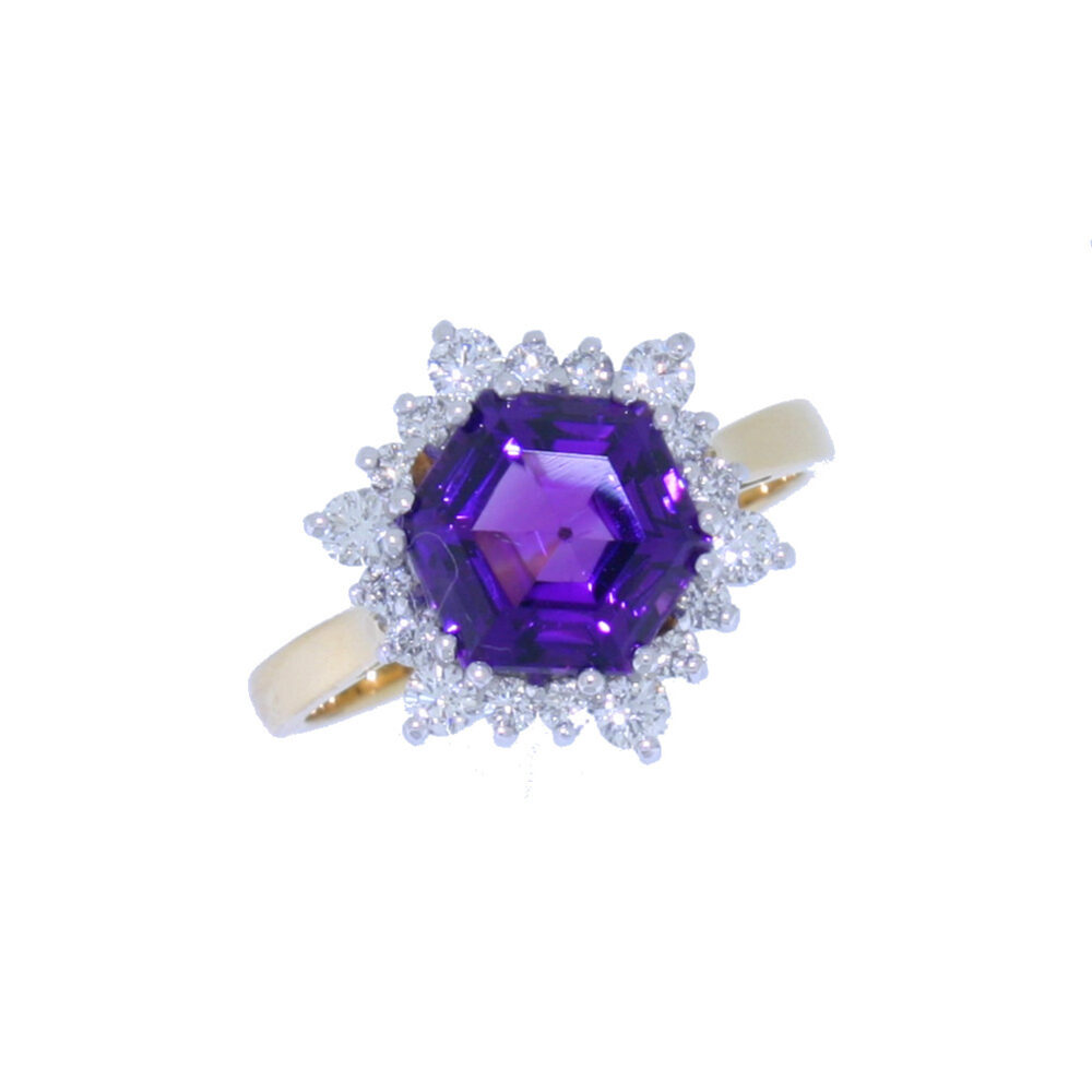 Amethyst and diamond hexagonal cluster ring, 18ct gold mount
