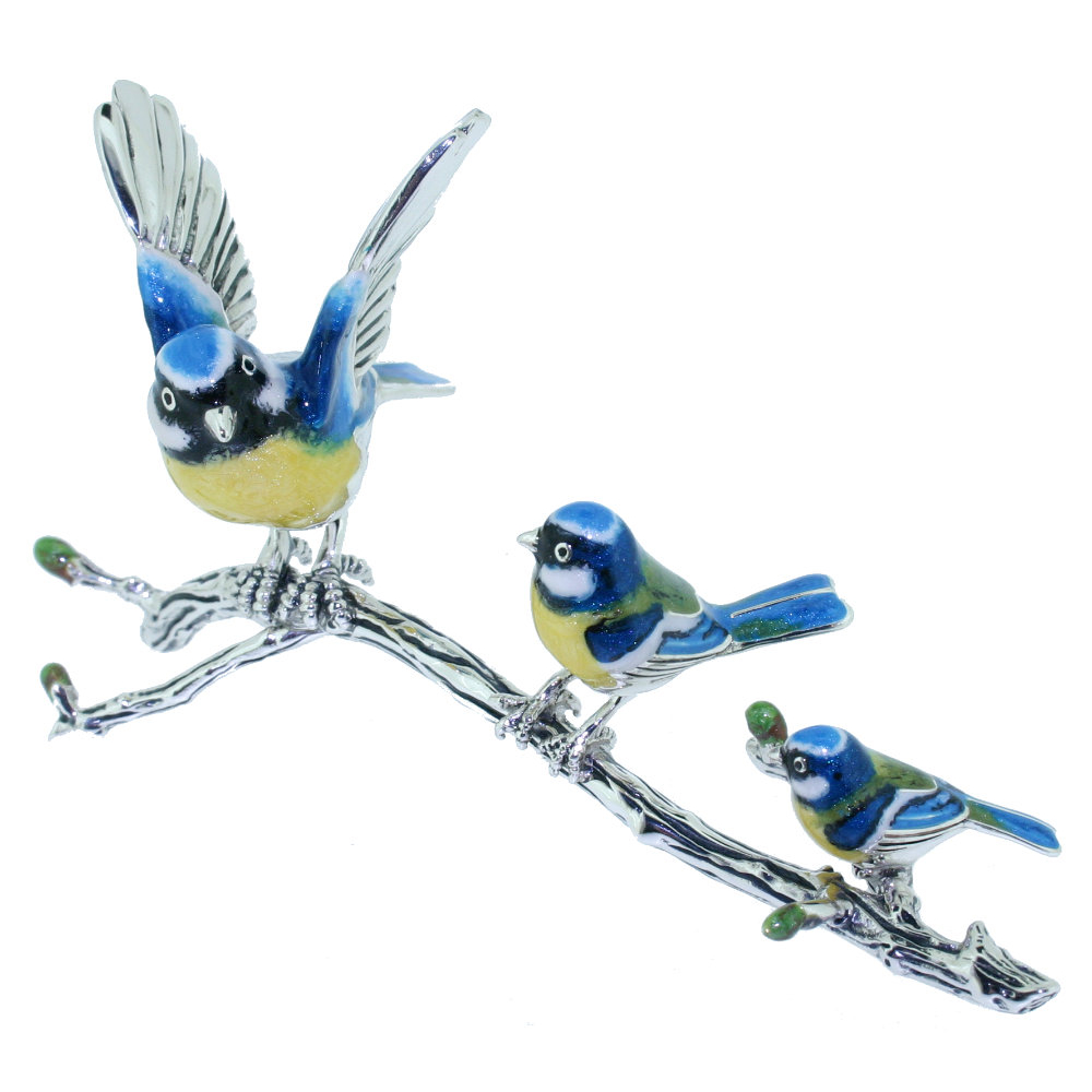 Saturno Sterling Silver and Enamel Blue Tits on a Branch Ornament