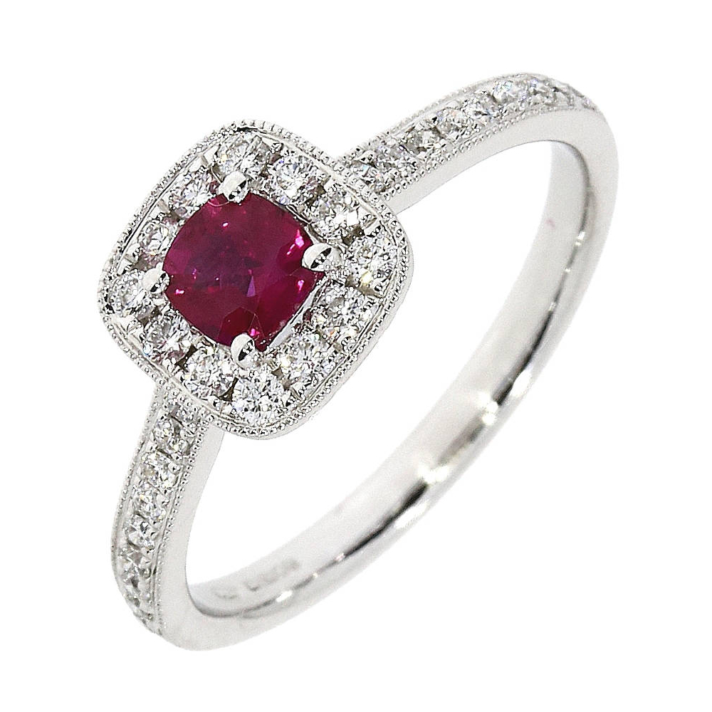 Ruby and Diamond Halo cluster ring, 18ct white gold mount