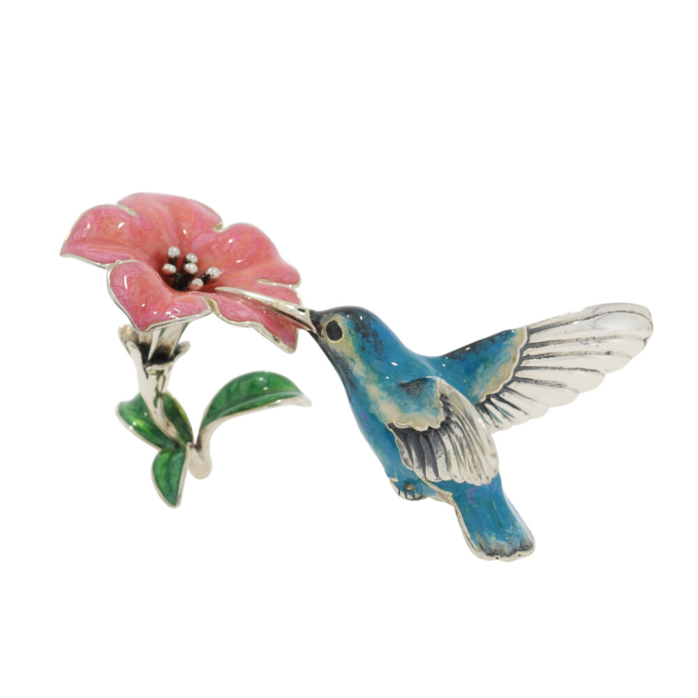 Saturno Sterling Silver and enamel Hummingbird on Orchid ornament