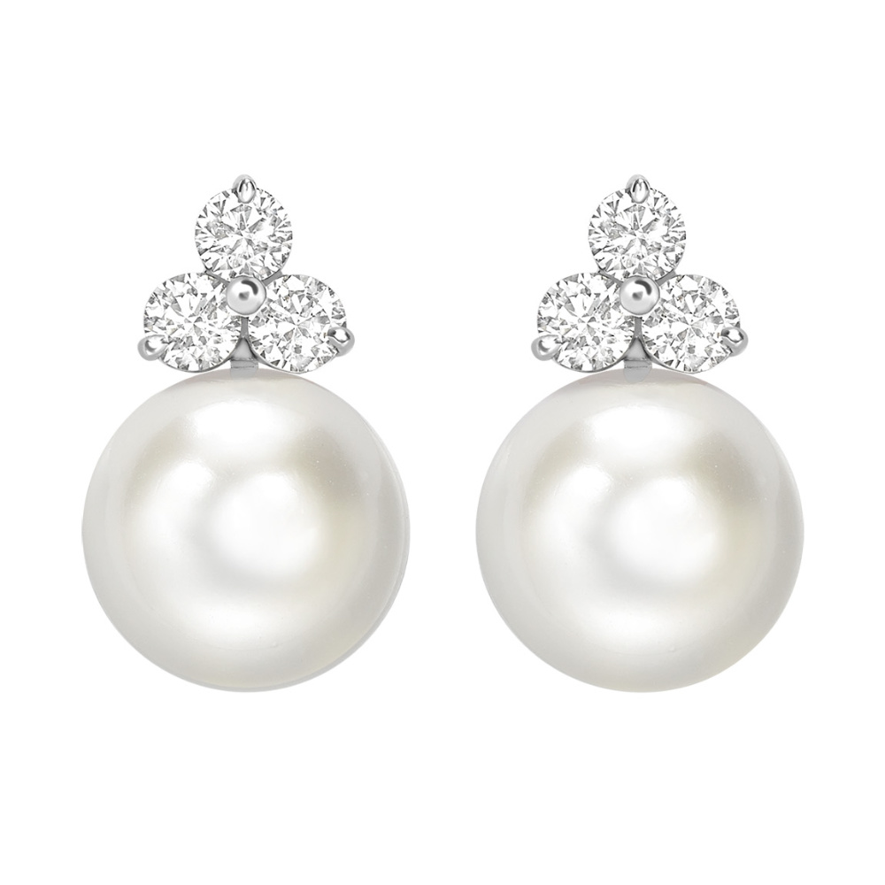 South Sea Cultured Pearl and Diamond trefoil earrings, 18ct white gold