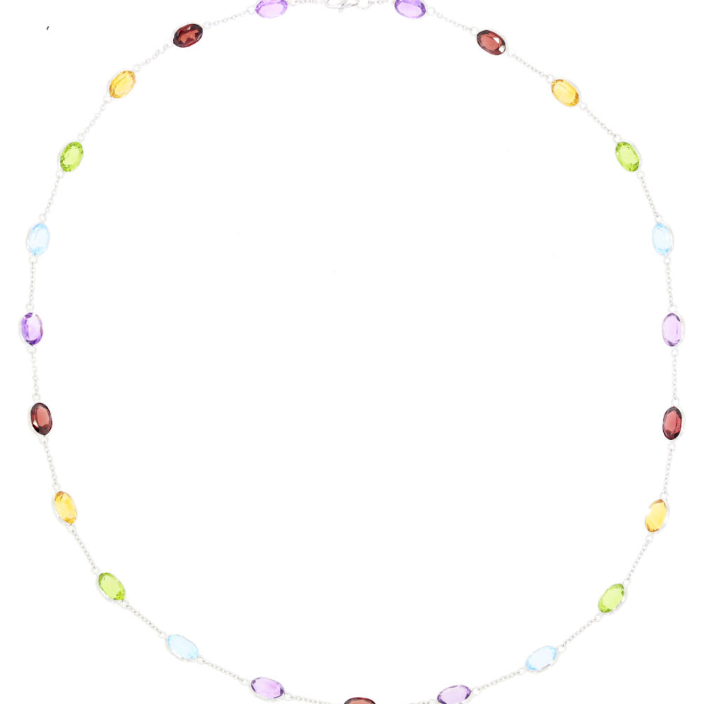 Multi Gemstone and 18ct white gold link necklace