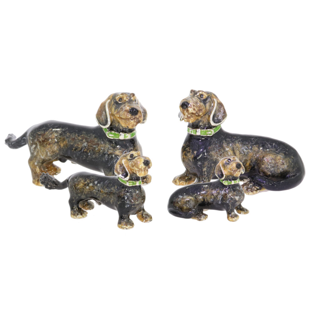 Saturno Sterling Silver and enamel Dogs – long haired Dachshund ornaments