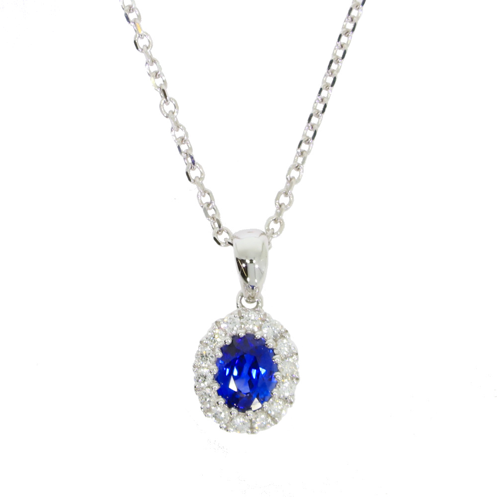 Sapphire and diamond oval cluster pendant, 18ct white gold mount and necklet