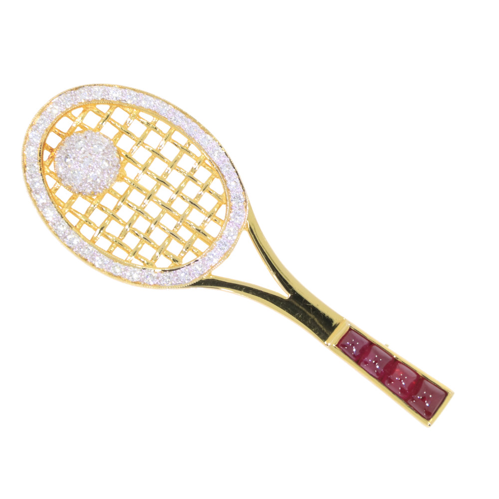 18k gold, diamond and ruby Tennis racquet brooch